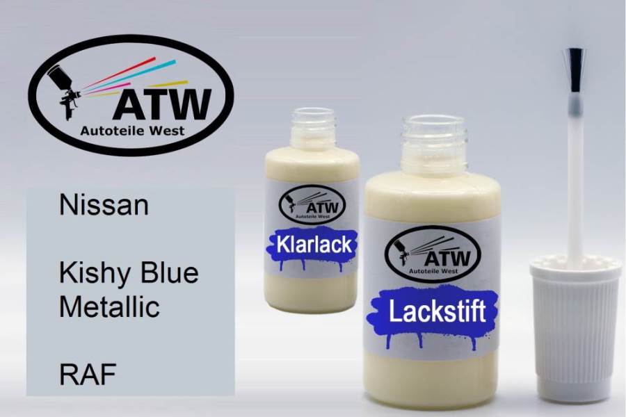 Nissan, Kishy Blue Metallic, RAF: 20ml Lackstift + 20ml Klarlack - Set, von ATW Autoteile West.